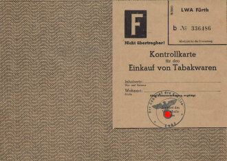 "Kontrollkarte für den Einkauf von Tabakwaren" der Stadt Fürth, gültig vom Februar bis Juli 1942, DIN A5