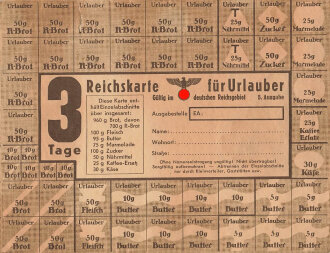 "Reichskarte für Urlauber" gültig für 3 Tage im deutschen Reicchsgebiet, DIN A5, eingerissen