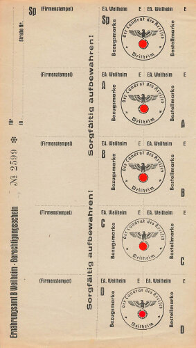 "Berechtigungsschein" des Ernährungsamtes Weilheim mit Bezugs und Bestellmarken, Maße 12,5 x 21 cm