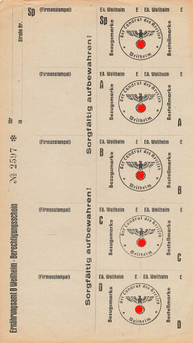 "Berechtigungsschein" des Ernährungsamtes Weilheim mit Bezugs und Bestellmarken, Maße 12,5 x 21 cm