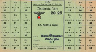 "Reichseierkarte" des Landkreises Schwaz, gültig vom 10.2. bis 27.7.1941, Maße 11x20,5 cm