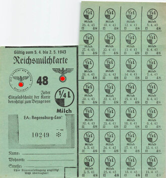 "Reichsmilchkarte" der Stadt Regensburg,...