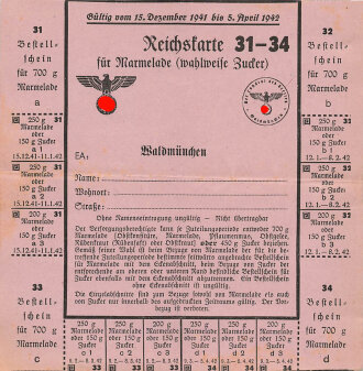 "Reichskarte für Marmelade" der Stadt Waldmünchen, gültig vom 15.12. 1941 bis 5.4.1942, Maße ca. 15 x 15 cm