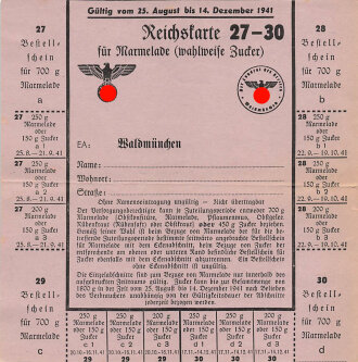 "Reichskarte für Marmelade" der Stadt Waldmünchen, gültig vom 25.8. bis 14.12.1941, Maße ca. 15 x 15 cm