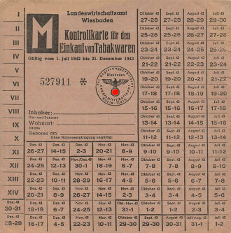 "Kontrollkarte für den Einkauf von Tabakwaren" der Stadt Wiesbaden, gültig vom 1.7. bis 31.12.1943, Maße ca. 14,5 x 15 cm
