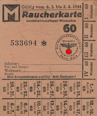 "Raucherkarte" der Stadt Wiesbaden, gültig...