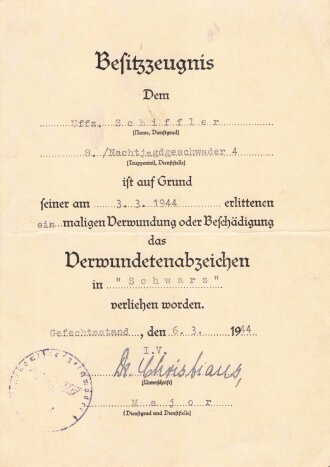 Nachtjagd Geschwader 4 der Luftwaffe, Gruppe Verleihungsurkunden und Ausweise