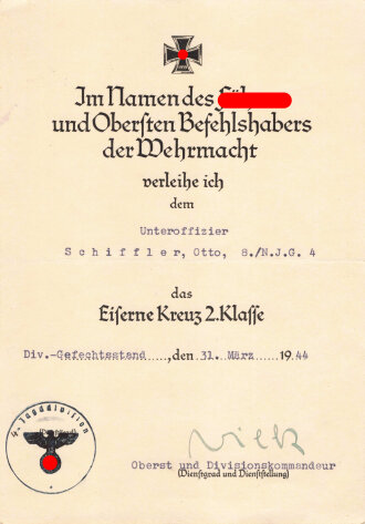 Nachtjagd Geschwader 4 der Luftwaffe, Gruppe Verleihungsurkunden und Ausweise