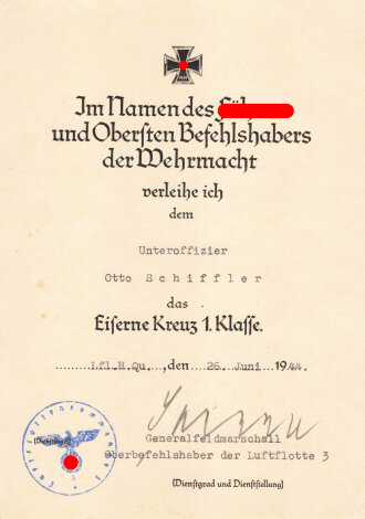 Nachtjagd Geschwader 4 der Luftwaffe, Gruppe Verleihungsurkunden und Ausweise