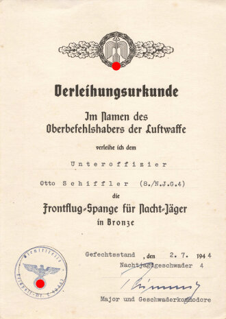 Nachtjagd Geschwader 4 der Luftwaffe, Gruppe Verleihungsurkunden und Ausweise