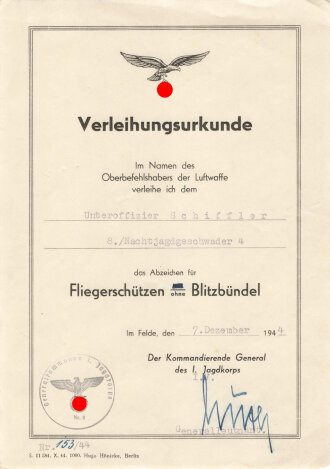 Nachtjagd Geschwader 4 der Luftwaffe, Gruppe Verleihungsurkunden und Ausweise