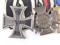 Ordenschnalle eines tapferen Frontkämpfers im 1. Weltkrieg.. Eisernes Kreuz 2. Klasse 1914 / Ehrenkreuz für Frontkämpfer , Pruessen Dienstauszeichnung, Ungarn Kriegserinnerungsmedaille.  Qualitätvolle Spange von Sedlatzek Berlin