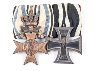 1. Weltkrieg, Ordenschnalle eines tapferen Bayer. Militärverdienstkreuz 3. Klasse mit Krone und Schwertern, Eisernes Kreuz 2. Klasse 1914