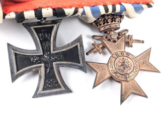 1. Weltkrieg, Ordenschnalle eines tapferen Bayer. Militärverdienstkreuz 3. Klasse mit Krone und Schwertern, Eisernes Kreuz 2. Klasse 1914