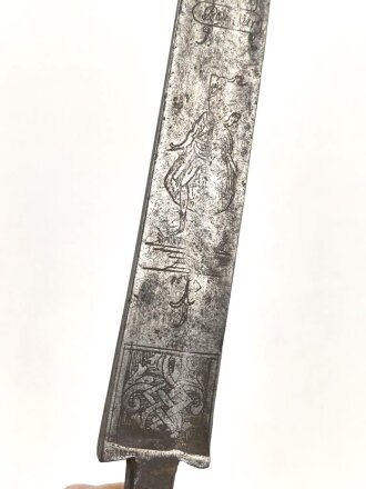 Klinge für eine Blankwaffe, Länge 45cm, Gesamtlänge 58cm,  Breite 22mm. Alter und Herkunft unbekannt.