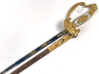 Bayern, Degen für Staatsbeamte, Ausführung ab 1864. Gebläute Klinge in sehr gutem Zustand, die Vergoldung vollständig erhalten, Scheide nicht geschrumpft. Attraktives Stück