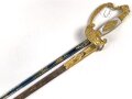 Bayern, Degen für Staatsbeamte, Ausführung ab 1864. Gebläute Klinge in sehr gutem Zustand, die Vergoldung vollständig erhalten, Scheide nicht geschrumpft. Attraktives Stück