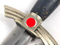 Fliegerdolch für Angehörige des Deutschen Luftsport Verband DLV. Die Klinge von Hörster Solingen. Die Belederung Original, die Hakenkreuze vollständig emailliert.