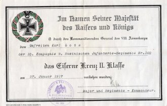 1. Weltkrieg, Verleihungsurkunde für das Eiserne...
