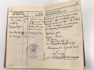 Preußen, Militärpaß und Soldbuch eines Angehörigen im Infanterie Regiment 64. Während des Krieges Feld Artillerie Regiment 54