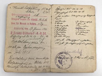 Preußen, Militärpaß und Soldbuch eines Angehörigen im Infanterie Regiment 64. Während des Krieges Feld Artillerie Regiment 54