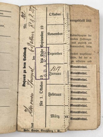 Preußen, Militärpaß und Soldbuch eines Angehörigen im Infanterie Regiment 64. Während des Krieges Feld Artillerie Regiment 54