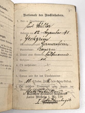 Baden, Militärpaß eines Angehörigen im Grenadier Regiment 110. UK Stellung für BASF Ludwigshafen,