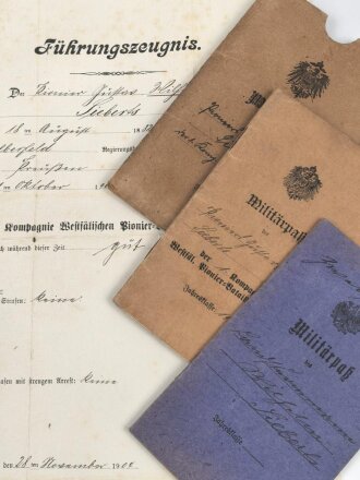 Preussen, Militärpaß , Zweitschrift, Landsturmschein und Fühungszeugnis eines Angehörigen im Pionier Btl. Nr. 7. Im 1. Weltkrieg Einsatz in Dünaburg