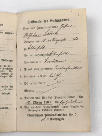Preussen, Militärpaß , Zweitschrift, Landsturmschein und Fühungszeugnis eines Angehörigen im Pionier Btl. Nr. 7. Im 1. Weltkrieg Einsatz in Dünaburg