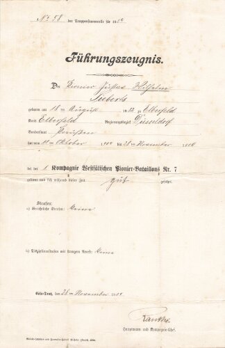 Preussen, Militärpaß , Zweitschrift, Landsturmschein und Fühungszeugnis eines Angehörigen im Pionier Btl. Nr. 7. Im 1. Weltkrieg Einsatz in Dünaburg