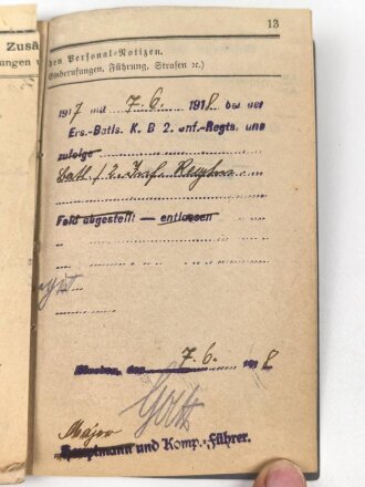 1. Weltkrieg, Militärpaß eines Angehörigen im Infanterie Regiment 12, Frankreichfeldzug