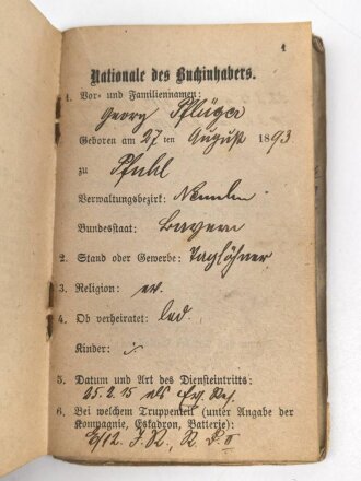 1. Weltkrieg, Militärpaß eines Angehörigen im Infanterie Regiment 12, Frankreichfeldzug