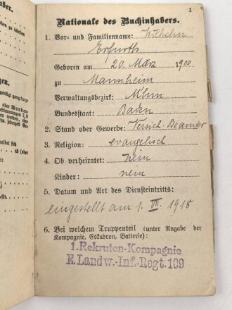 Baden, Militärpaß eines Angehörigen im Landwehr Infanterie Regiment 109, Diensteintritt am 1.7.1918
