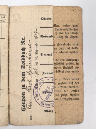 Preussen, Soldbuch eines Angehörigen des Fuss Artillerie Regiment 9