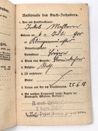 Bayern, Militärpaß eines Angehörigen im 2. bayr. Fußartillerie Regiment.