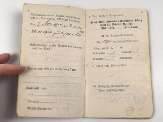 Württemberg, Militärpaß eines Angehörigen im Grenadier Regiment König Karl No. 123. UK Stellung von 1916 bis 1917. Silberne Minitär Verdienst Medaille