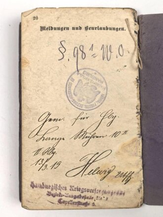 Preussen, Militärpaß . Viele Einträge, 1914 Mobilmachung beim Bekleidungsamt Altona Bahrenfeld