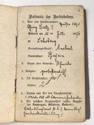 Preussen, Militärpaß . Viele Einträge, 1914 Mobilmachung beim Bekleidungsamt Altona Bahrenfeld
