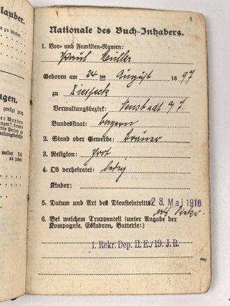 Bayern, Militärpaß eines Angehörigen im 19. Infanterie Regiment. Frankreichfeldzug, Eisernes Kreuz 2. Klasse