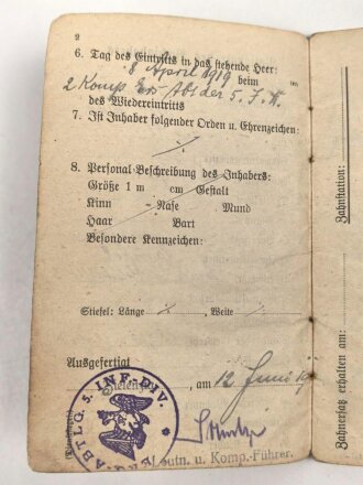 Preußen, Soldbuch eines Angehörigen der 5. Infanterie Division.
