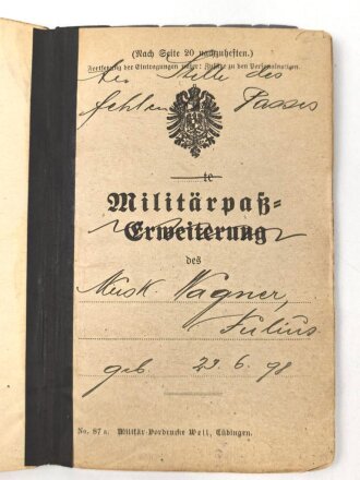 Württemberg, Militärpaß eines Angehörigen im Infanterie Regiment 126.