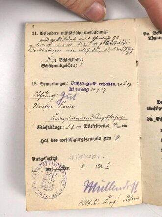 Württemberg, Militärpaß eines Angehörigen im Infanterie Regiment 126.
