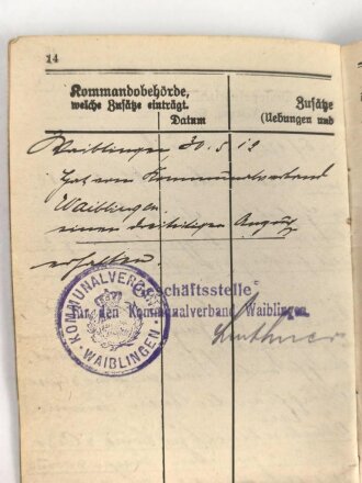 Württemberg, Militärpaß eines Angehörigen im Infanterie Regiment 126.