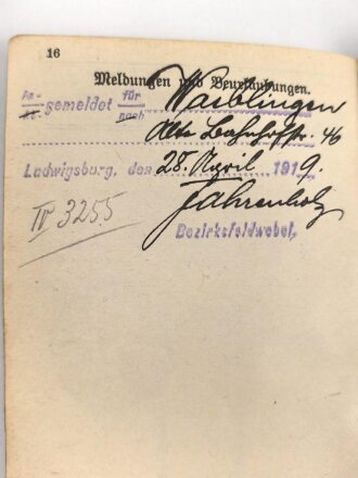 Württemberg, Militärpaß eines Angehörigen im Infanterie Regiment 126.