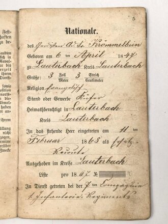 Hessen, Militärpaß eines Feldzugteilnehmers 1870/71.