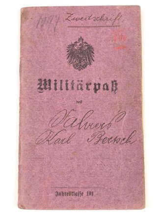 Württemberg, Militärpaß Zweitschrift eines Angehörigen im 4. württembergischen Feldartillerie Regiment No. 65. Teilnahme am Frankreichfeldzug
