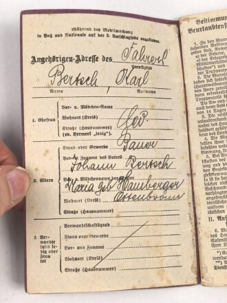 Württemberg, Militärpaß Zweitschrift eines Angehörigen im 4. württembergischen Feldartillerie Regiment No. 65. Teilnahme am Frankreichfeldzug