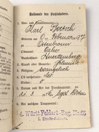 Württemberg, Militärpaß Zweitschrift eines Angehörigen im 4. württembergischen Feldartillerie Regiment No. 65. Teilnahme am Frankreichfeldzug