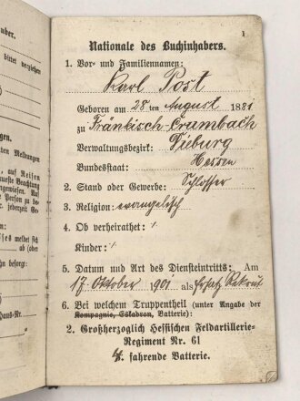 Hessen, Militärpaß eines Angehörigen im Feldartillerie Regiment 61, übergetreten zur Landwehr 2. Aufgebots am 4.4.14