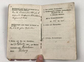 Hessen, Militärpaß eines Angehörigen im Feldartillerie Regiment 61, übergetreten zur Landwehr 2. Aufgebots am 4.4.14